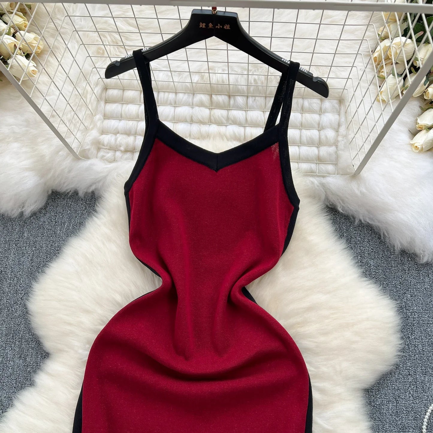 2024 Sexy Contrast Color Knitted Women Dress Summer Strap Elastic Sleeveless Bodycon Dress Europe Style Ladies Maxi Long Dress