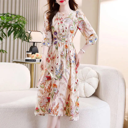 Summer New V-neck Half Sleeve Fashion Midi Dress Women High Street Floral Printing Dresses Elegant Button Lacing Y2K Vestidos