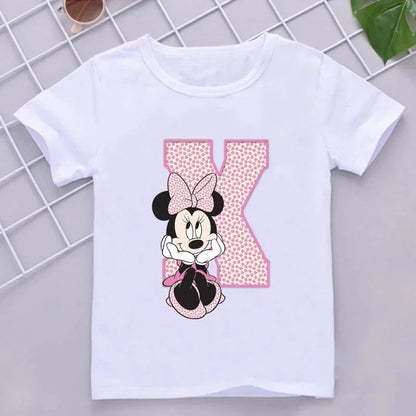 Minnie Children Cotton T-Shirts Letter A-Z Name Combination Disney Kawaii Cartoons Clothes Kids Little Boy Girl Tee Casual Tops