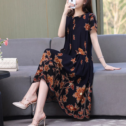 New Arrival Fashion Casual 2023 Summer Dress For Women Loose O-Neck Print Elegant Floral Formal Dress Women Clothing Dresses