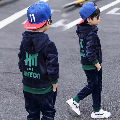 Children Clothing Set Double-sided Velvet Fashion Letter Hooded 2PCS Hoodies Coat +Pants Kids Boys Tracksuit for Autumn Winter