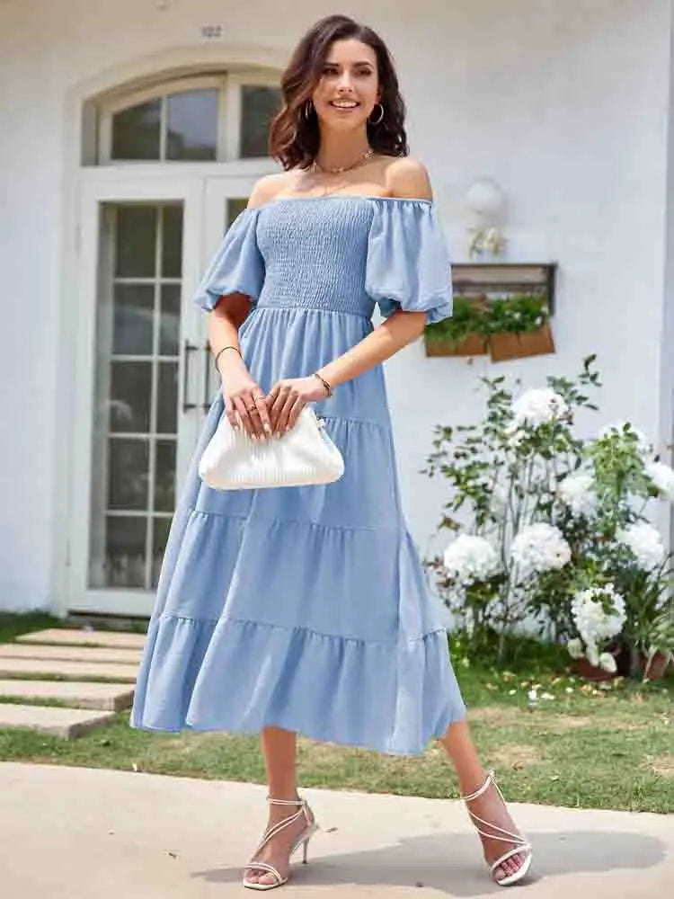 Summer Boho Smocked Maxi Dresses for Women 2024 Casual Puff Sleeve Square Neck A Line Tiered Ruffle Long Beach Dresses