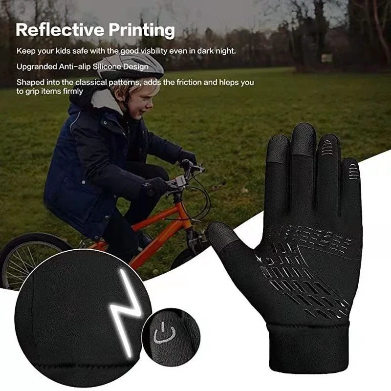 Winter Children Bicycle Riding Gloves Warm Non-slip Waterproof Touch Screen Outdoor Sport Bike Cycling Skiing Full-finger Gloves