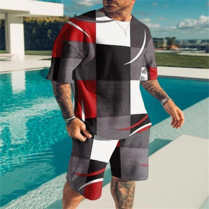 Summer Beach Men's Tshirt Set 3D Print Geometric Pattern Men Woman Round Neck T-Shirt Shorts Two Piece Set Casual Man Clothing