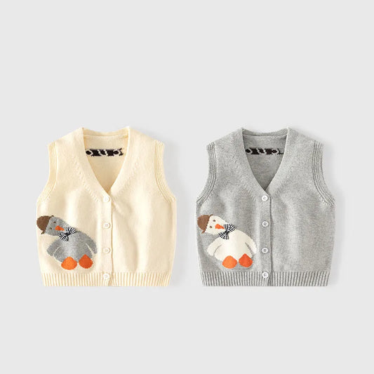 Spring Autumn Little Girls Knitwear Knitted Cartoon Duck Bowknot Toddler Girls Vest V Collar Elastic Hem Children Girl Waistwear