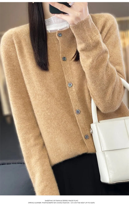 2024Spring and Autumn  New 100% pure merino cashmere sweater women's O-neck cardigan loose long-sleeved sweater top