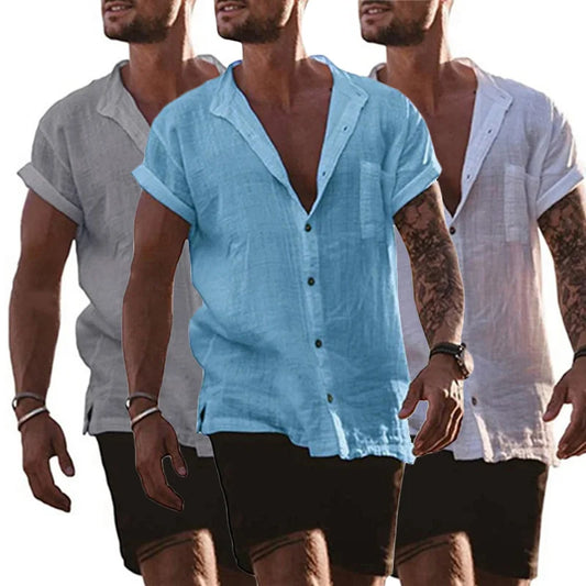 Cotton Linen Hot Sale Men's Short-Sleeved Shirts Summer Solid Color Stand-Up Collar Casual Beach Style Plus Size