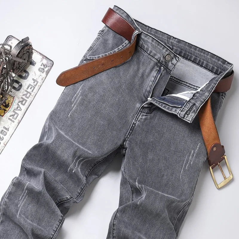 Grey Denim Jeans Male Elastic Pants Fashion Men's Long Thin High Street Small Feet Trousers