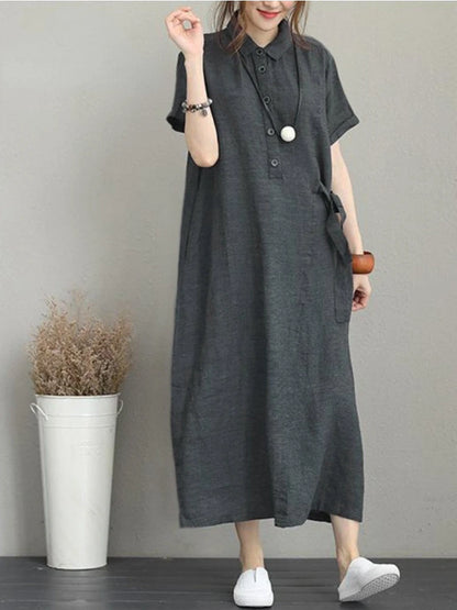 Summer Dress Women Cotton Linen Vintage Casual Loose Oversie Lapel Short-sleeved Dress New In Mid-length Long Dress for Women