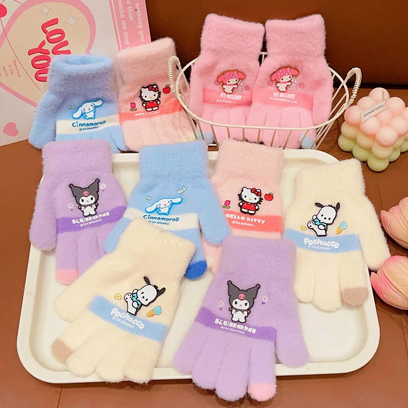 Kawaii Sanrio Hello Kitty Gloves Kuromi My Melody Cold-Proof Winter Finger Gloves Plush Screen Touch Warm Children Toddler Gifts