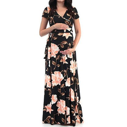 Ladies' Summer Dress Floral Print Sexy Short-sleeved Maternity Dress with V-neck Comfortable Breathable For Pregnant Women