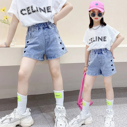 Children's Denim Shorts for Girls Summer New Big Children Loose Cute Casual Outside Wear Short Pants for Girls Children