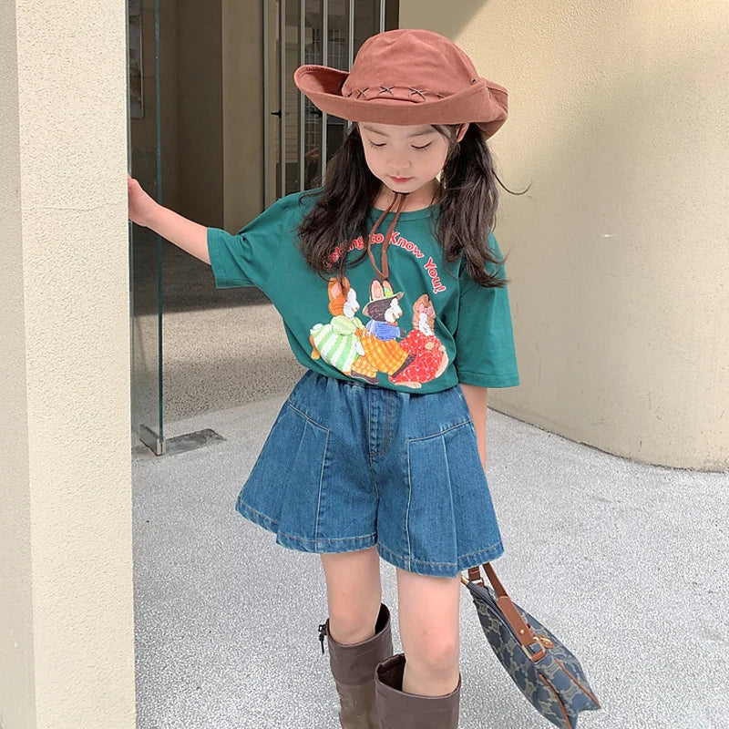 Girls' Denim Shorts New Summer 2024 Children'S Clothing  Girls' Korean Version Loose Hot Pants Pleated Simulation Skirt Shorts