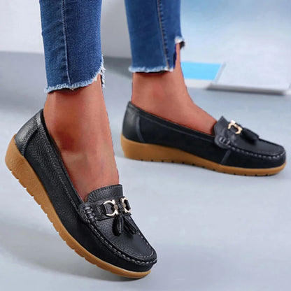 Genuine Leather Women Flats Fashion Casual Women Shoe Moccasins Shoes Woman Slip On Flat Shoes Black Ladies Shoes Plus Size