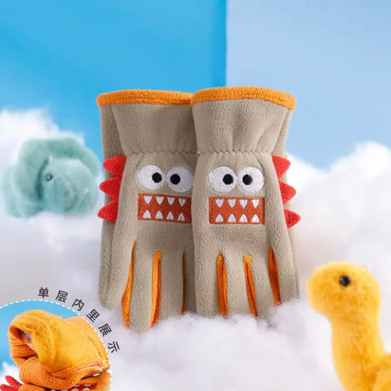 5-12 Years Children Gloves Winter Coral Fleece Cartoon Shark Embroidery Gloves Boy Girl Outdoor Thicken Keep Warm Riding Gloves