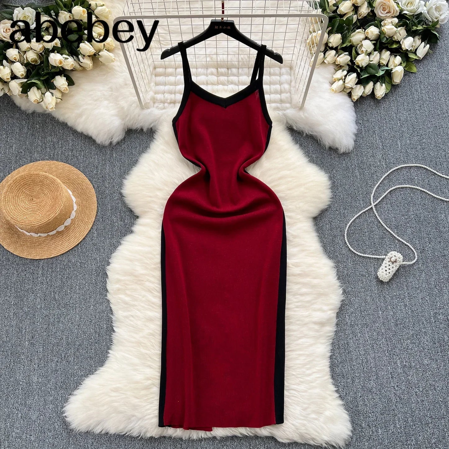 2024 Sexy Contrast Color Knitted Women Dress Summer Strap Elastic Sleeveless Bodycon Dress Europe Style Ladies Maxi Long Dress