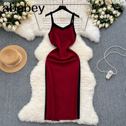 2024 Sexy Contrast Color Knitted Women Dress Summer Strap Elastic Sleeveless Bodycon Dress Europe Style Ladies Maxi Long Dress