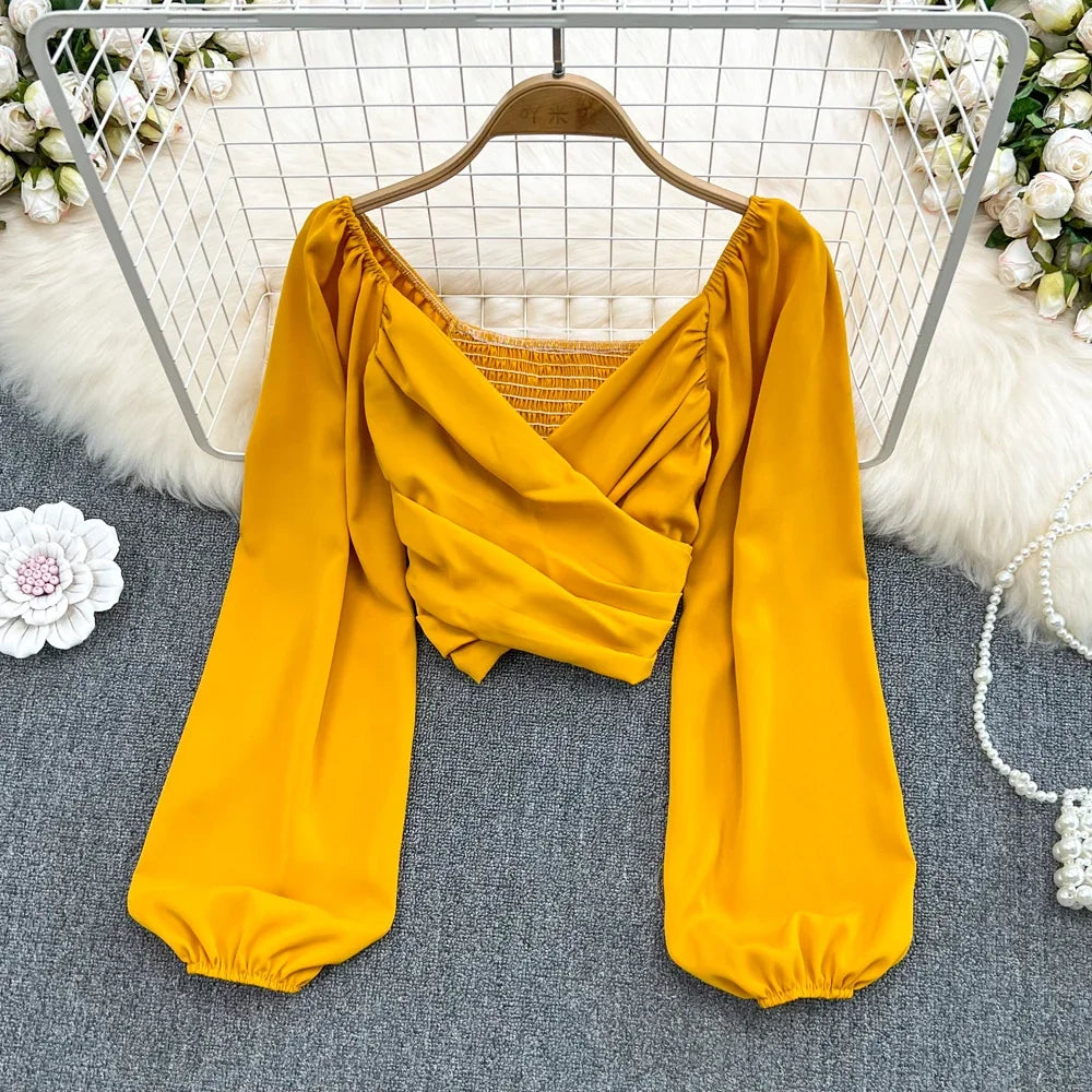 Chic Puff Long Sleeve Criss-cross Slim Blouse Korean Fashion Pleated Crop Top Sexy Shirt Hotsweet Spring Autumn Women Clothes