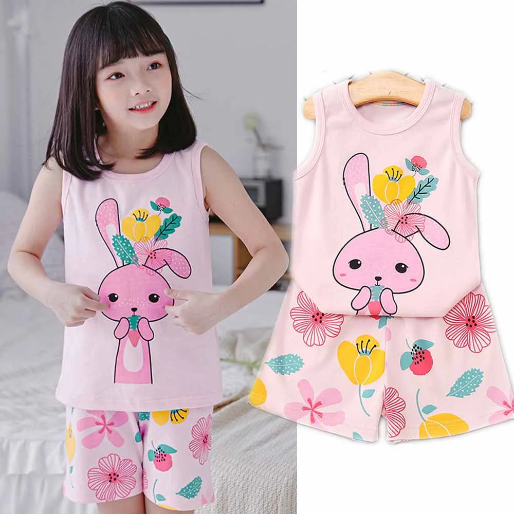 Girls Pajamas Sets Cotton Child Pajamas Toddler Summer Sleeveless Baby Nightwear Pyjamas Kids Rabbit Cartoon Homewear Clothes