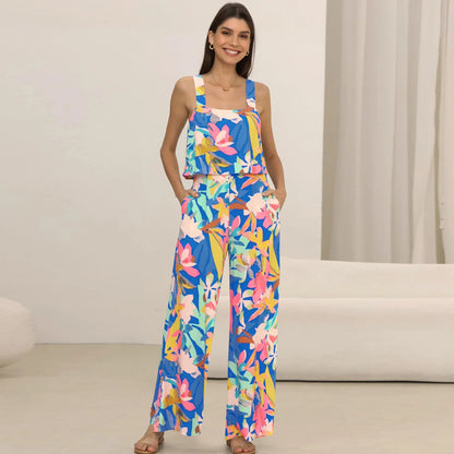 Printed Long Women Jumpsuit Casual Bohemian Wide Leg Jumpsuits Sleeveless Floral Rompers Summer Clothes For Woman 2024 New