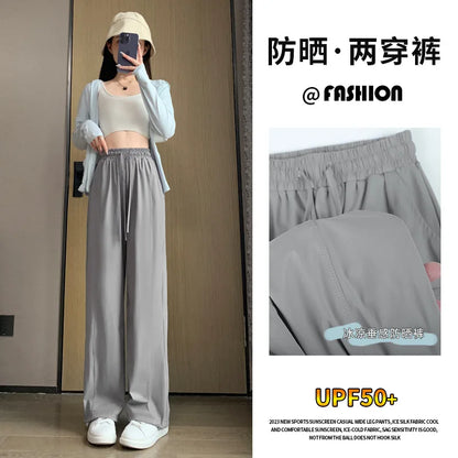 S-3XL Jogging Pants Women's Summer Thin 2024 New Casual Straight Leg Leg Sunblock Pants Quick Dry Wide Leg Pants Draw Rope Feet