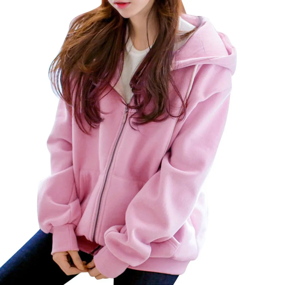 Autumn and Winter Women Hooded Fleece Long Sleeve Loose Casual Zip Pockets Solid Jacket Coat