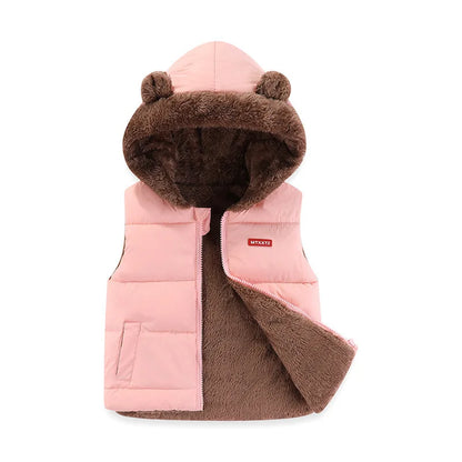 2024 Children Cashmere Vest Coat Autumn Winter Baby Boy Girl Cotton Padded Hooded Jacket Kids Thick Waistcoat Outerwear Clothing