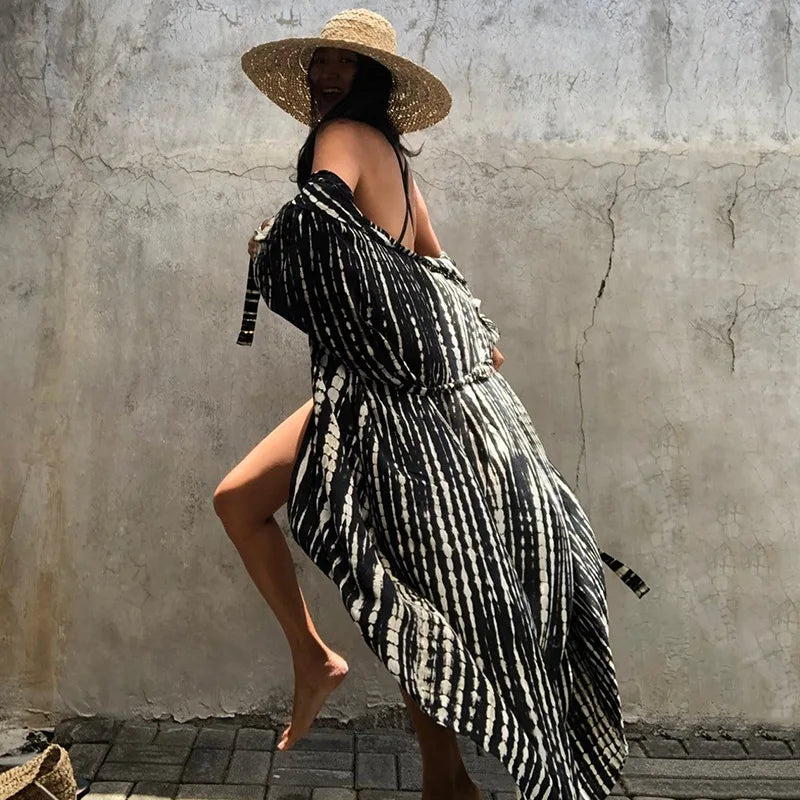 Beach Cover Ups for Swimwear Women Black Tie Dye Kimono Swimsuit Cape Summer Dress 2023 Beachwear Outfit Oversized Loose