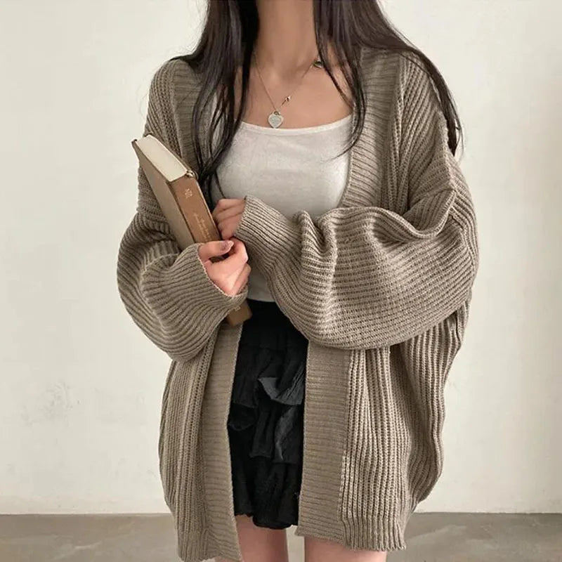 Zoki Harajuku Oversize Cardigan Sweater Women Casual Loose Lazy Wind Korean Tops Vintage Long Sleeve Lady Simple Design Cardigan