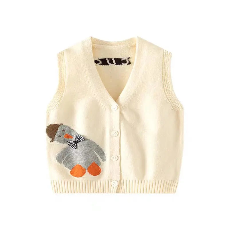 Spring Autumn Little Girls Knitwear Knitted Cartoon Duck Bowknot Toddler Girls Vest V Collar Elastic Hem Children Girl Waistwear