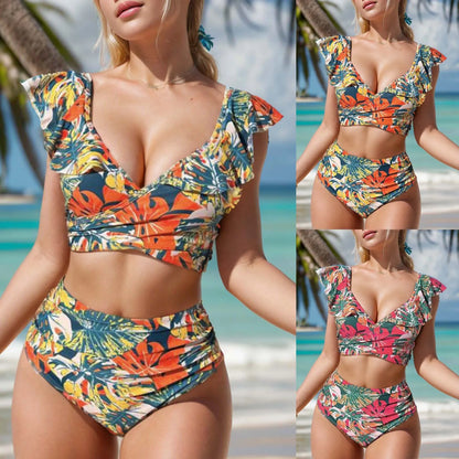 Beach Two Pieces Bikini Ruffle Adjustable Shoulder Strap Back Drawstring Strap Swimsuit High Waist Sexy Push Up Women'S Swimwear