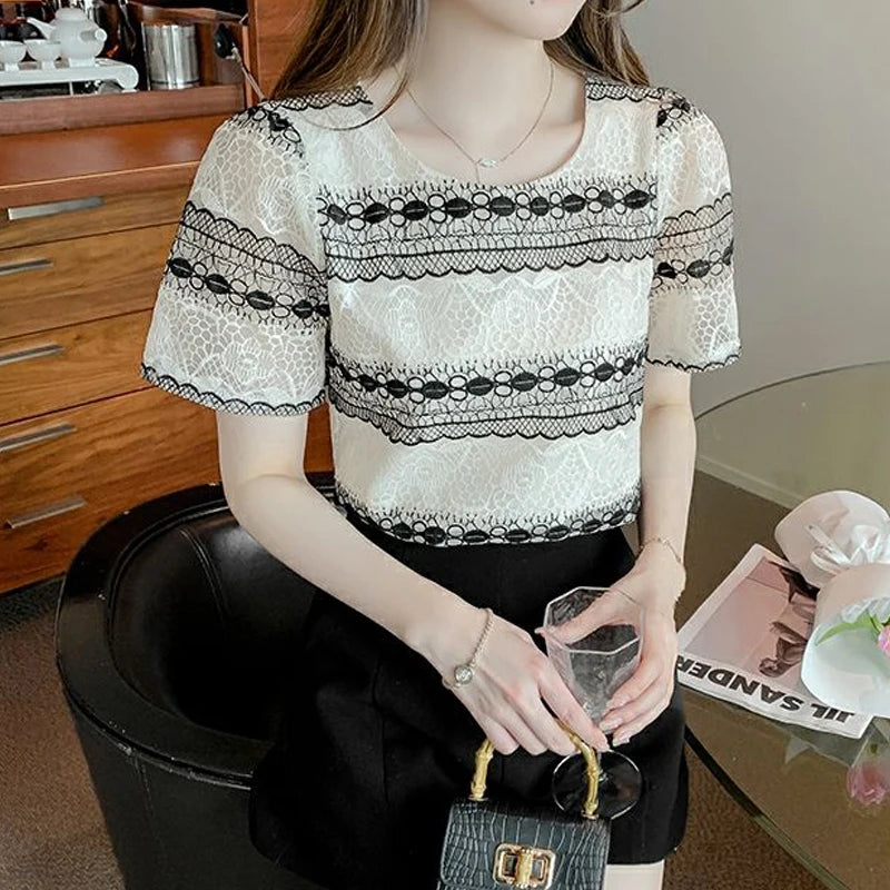 Women Stylish Contrast Color Hollow Lace Sweet Chic Short Sleeve T-shirt 2024 Summer Female Korean Style Casual O Neck Slim Tops