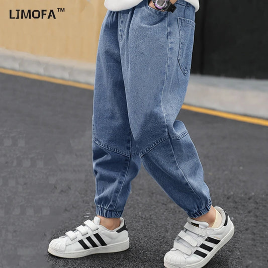 LJMOFA Kids Boys Jeans Spring Autumn Elastic Waist Children Trousers Casual Long Trousers Boys Clothing Sport Baggy Pants D363