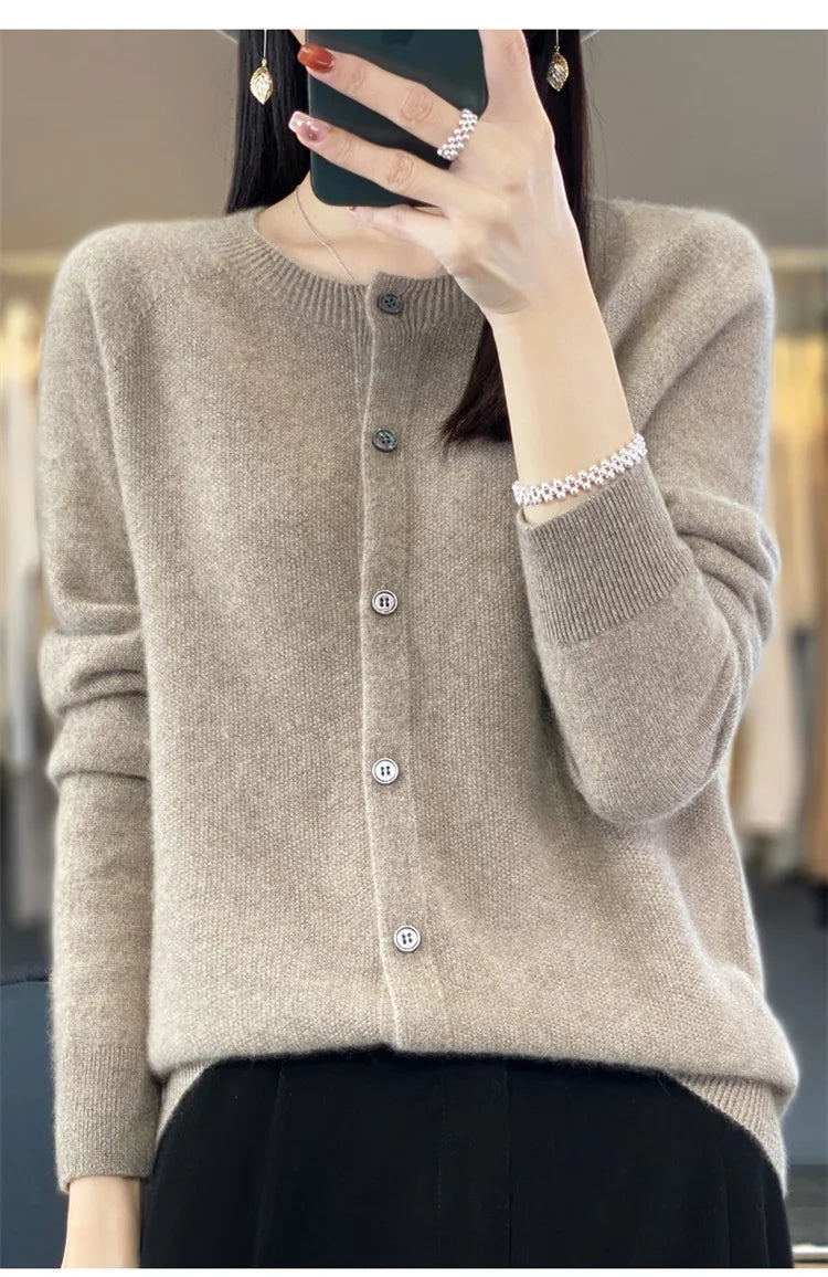 2024Spring and Autumn  New 100% pure merino cashmere sweater women's O-neck cardigan loose long-sleeved sweater top