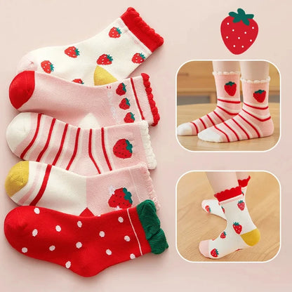 5 pairs of children's mid tube socks with spring and autumn love flower print for girls to keep warm. Children's mid tube socks