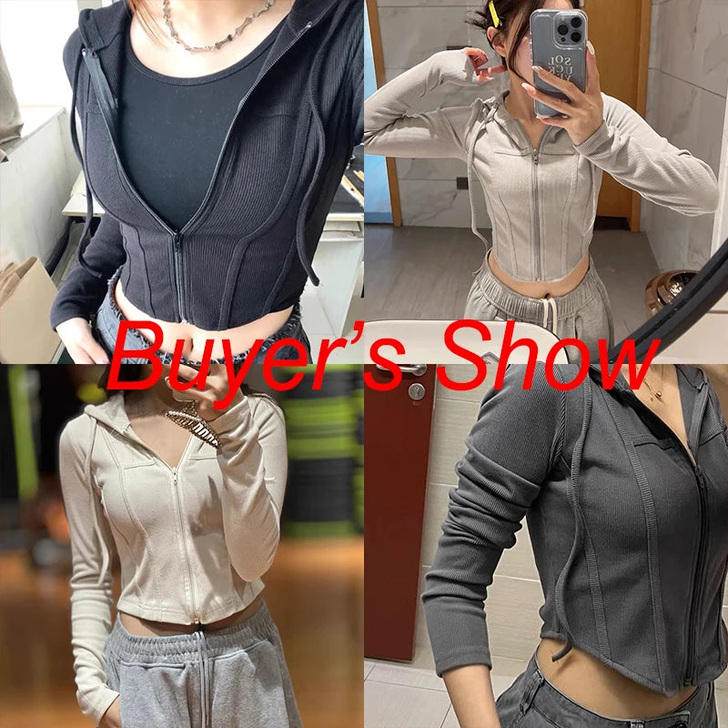 Streetwear Slim Fit Cropped Jacket Women Korean Fashion Long Sleeve Hooded Crop Top Woman Wild Ribbed Zipper Up Sweatshirt Mujer