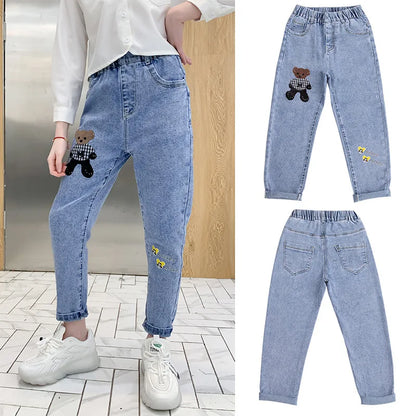 Kids Girl Jeans  Cartoon Long Pants Spring Autumn Graffiti Painting Print Casual Trousers with Hole Children Denim Pants