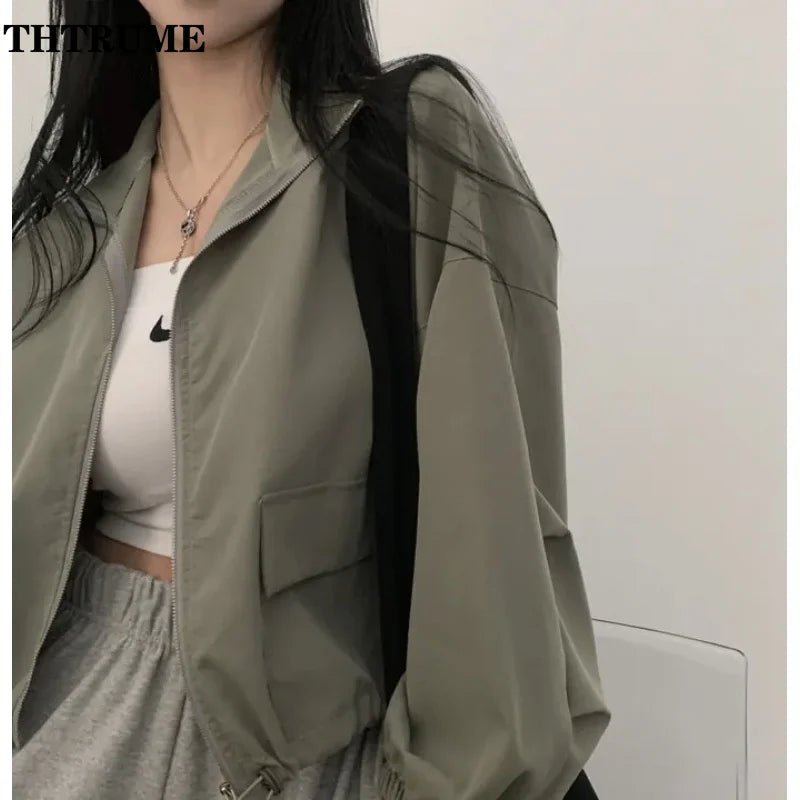 Autumn Winter Chic Jacket Fashion Women Protection Windproof Vintage High Street Coats Casual Baseball Drawstring Outwear Coat