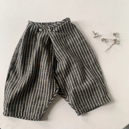 Spring Autumn Children Pants 1-8Y Boys Cotton Linen Striped Wide leg Casual Trousers Toddler Wear Kids Clothing For 2024 New