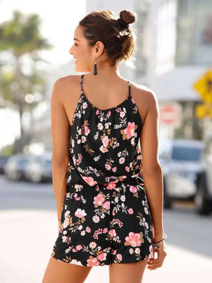 Women Short Overalls Summer Sleeveless Floral Print Slip Beach Pocket Belt Rompers Lady Sand Jumpsuits XXQQ-1988