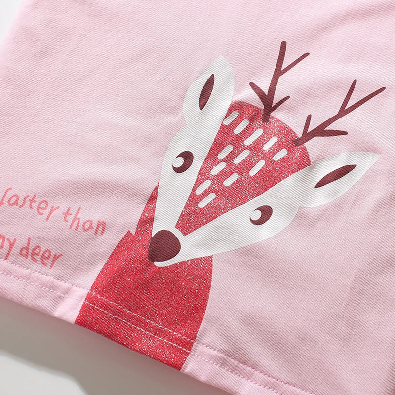 Little maven 2024 Summer Toddlers Children's Clothing Birthday Gifts Deer Pink T shirts Cartoon Baby Girls Kids Clothes Cotton