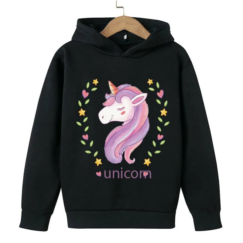 Unicorn Cartoon 2D Pattern Printing 2024 Children Girl Hooded Tops fit 4-14 years old kid Girls Causal Style Fashion Hoodies