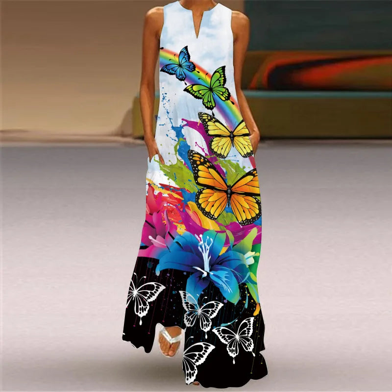 Fashion V-Neck Printed Sleeveless Women Maxi Dress Summer Casual Loose Straight Beach Long Dresses Ladies Sundress Lady Vestidos