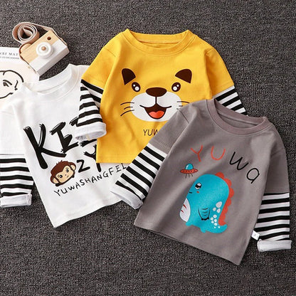 Cartoon T-Shirt Fake Two Piece Cotton Sweatshirt Stripe Kid Boys Spring Autumn Girls Pullover Tops Round Neck Casual Clothes New