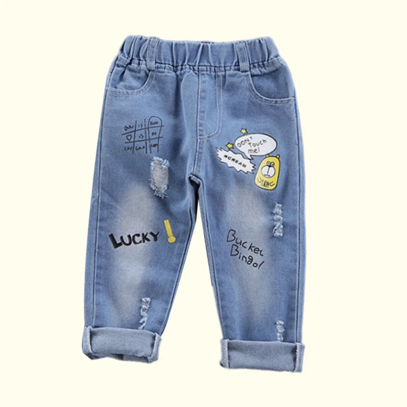 Spring Autumn Children Jeans  Boys Cotton Print Splice Stretch Denim Pants Korean Teenage Trousers Wear Kids ClothingDenimRipped