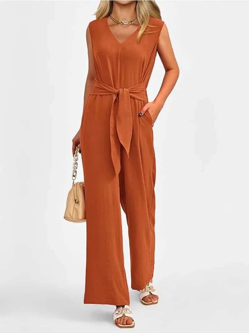 Women's Fashionable and Elegant Style Solid Color Women's Clothing Elegant V-neck Wide Leg Jumpsuit Sleeveless Jumpsuit