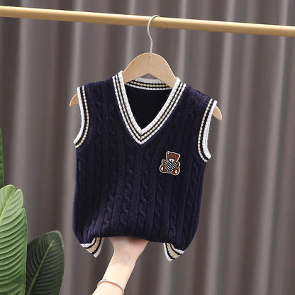 Boys Clothing Spring Autumn Tops Casual Fashion Knitted Vest Bear Printed Sport Outfits Girls Sleeveless Coat