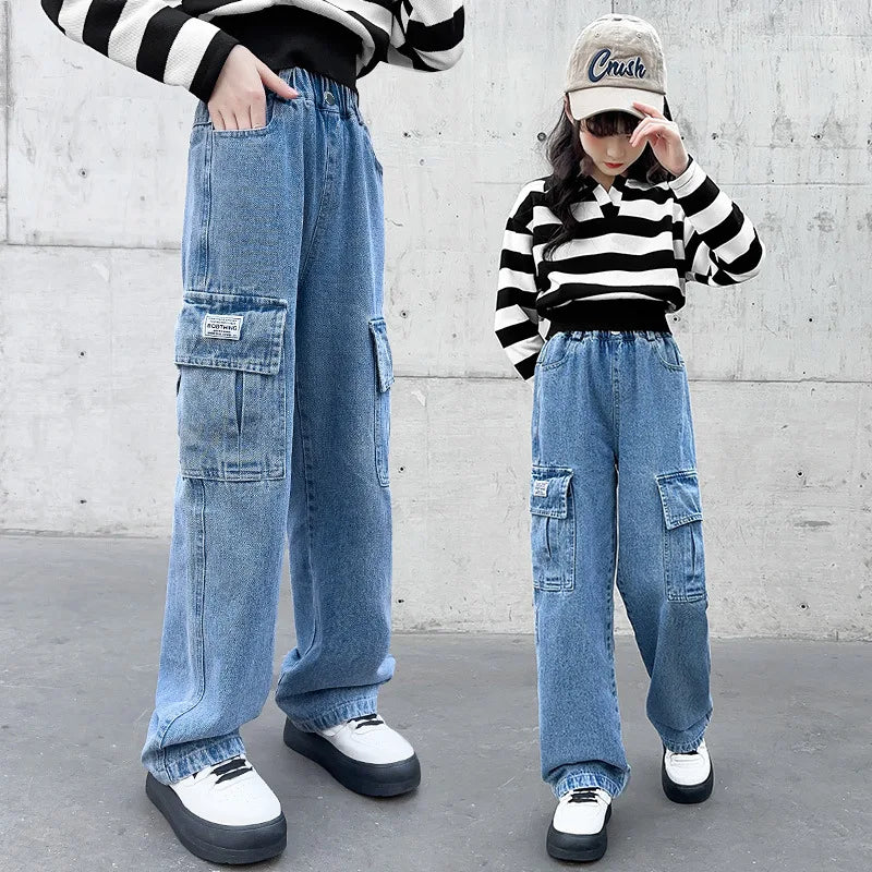 Teenager Girls Wide Leg Cargo Jeans School Young Children Trousers Spring Autumn New Fashion Kids Denim Pants 6 8 10 12 14 Years