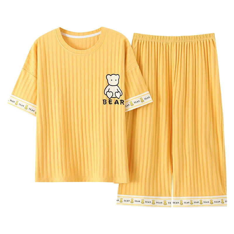 SUKAE Plus Size 2 Piece Women M-5XL Summer Calf-Length Pants Sleepwear Cotton Loose Cartoon Pijamas Woman Clothing Big Homesuit