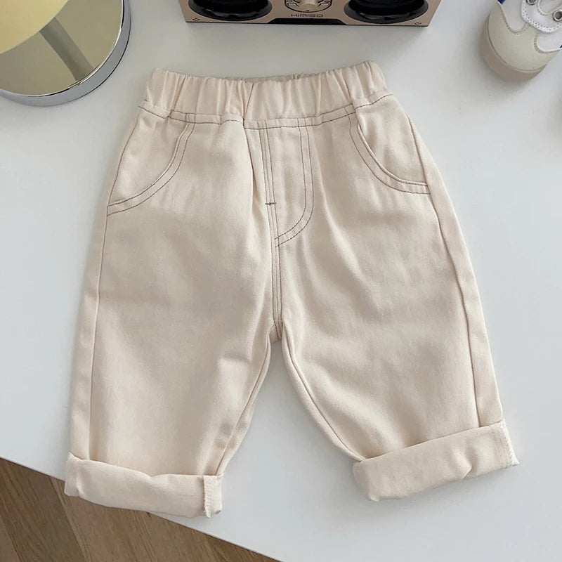 Korean Style Solid Color Cowboy Casual Fashion Pants Kids Elastic Waist Trousers Spring Autumn Baby Girls Boys Jeans